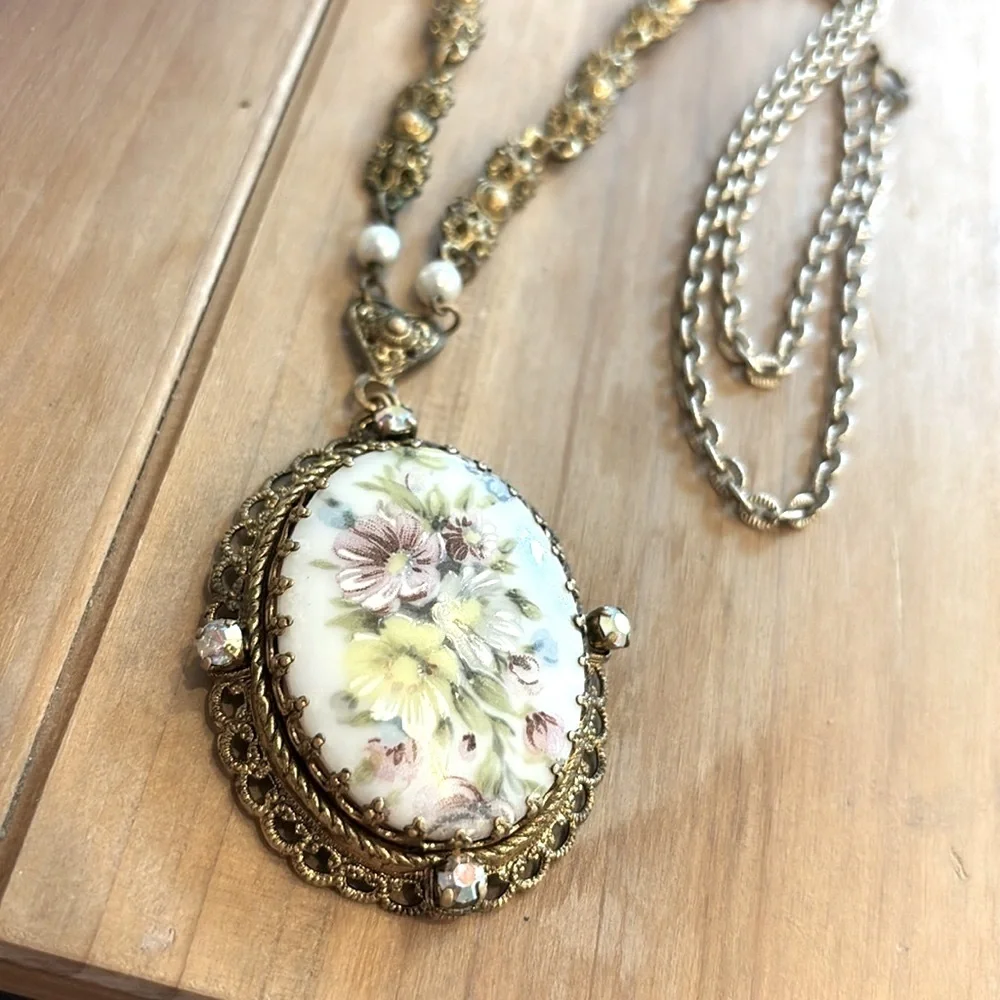 Vintage West Germany Necklace | Earrings Set. Stamped. Porcelain.  Floral Cameo